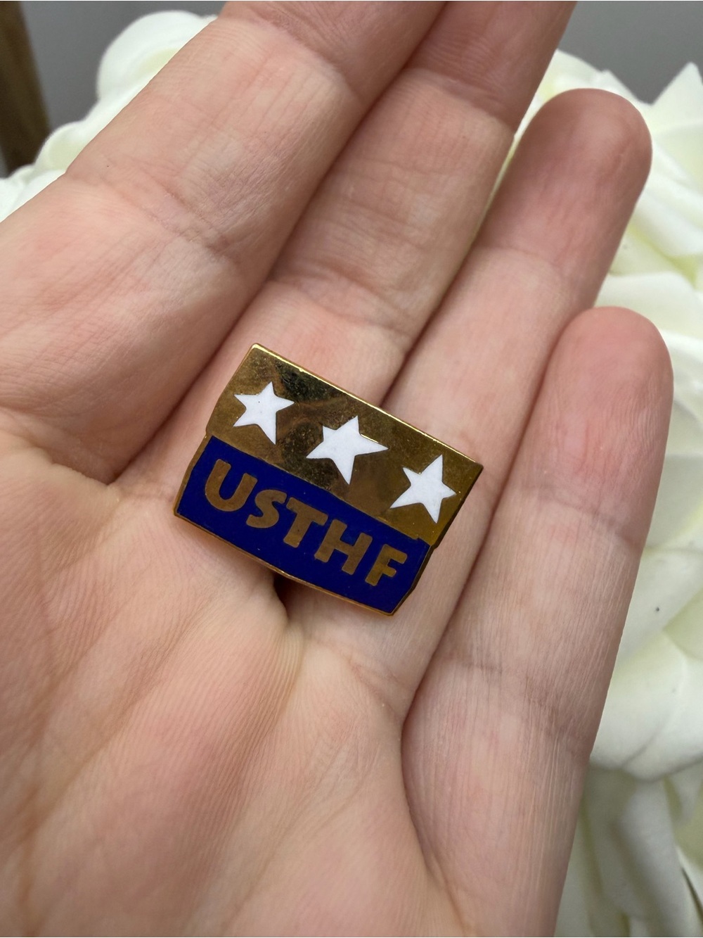 Vintage USTHF Enamel Pin - Blue, Gold & White Star Badge